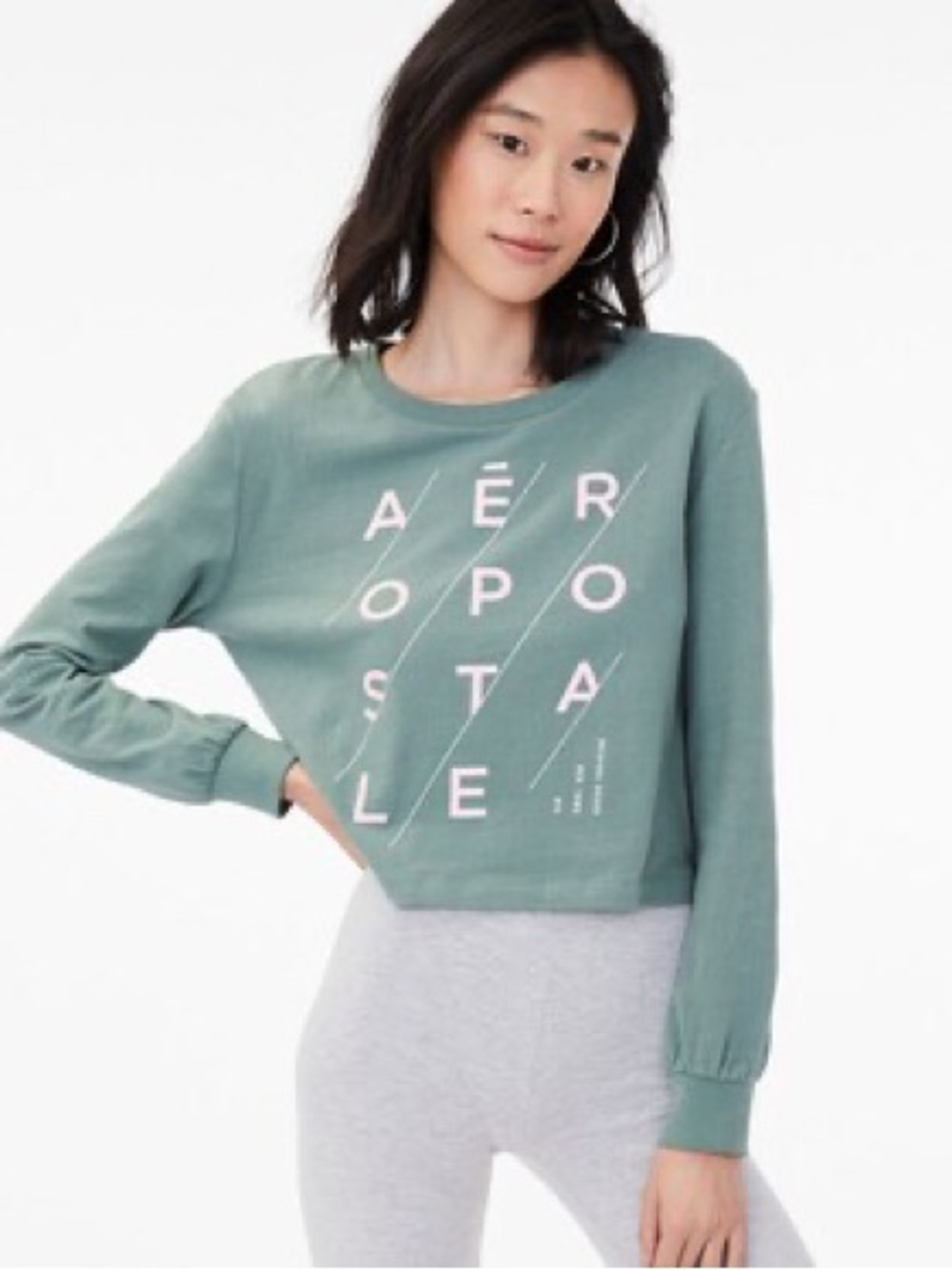 Aeropostale Sage Green Cropped Graphic Long Sleeve Tee Pink Logo Size S